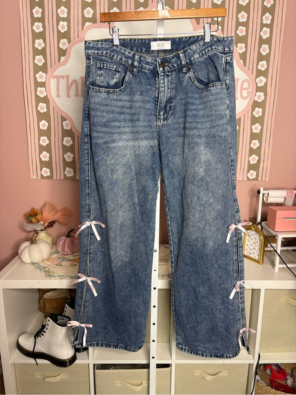 Women's Blue Wide-Leg Bow Detail Jeans
